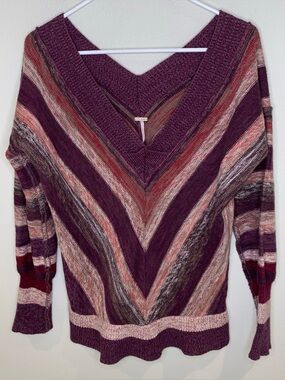 Free People V Neck Sweater Women’s M Purple Multicolored Stripes Wool Blend
